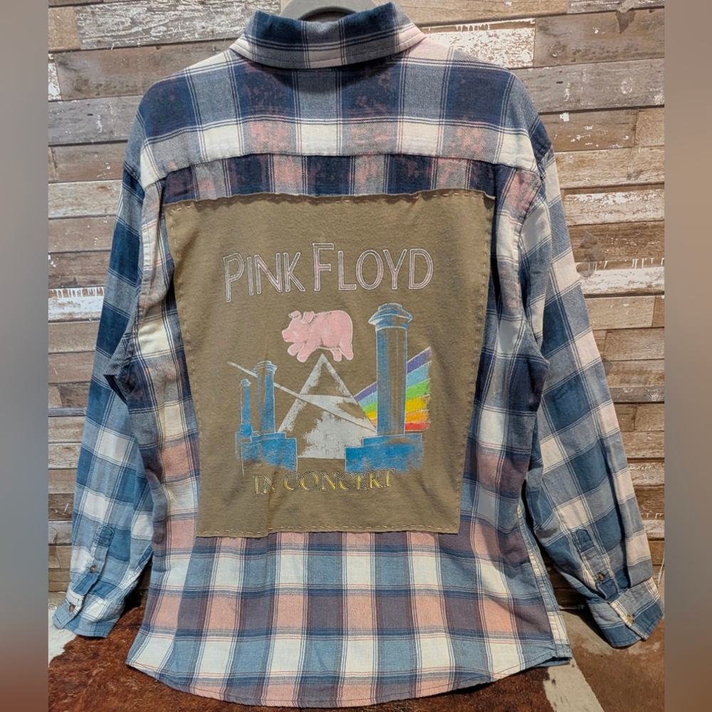 Pink Floyd Upcycled Dip Dye Bleached Flannel Shirt